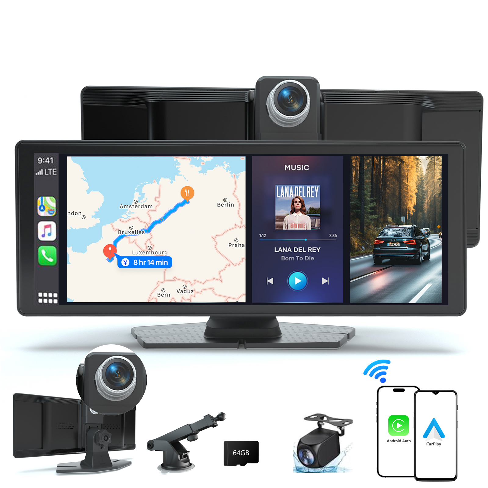 10.26'' Wireless Apple CarPlay & Android Auto Screen for Car with 4K Dash Cam, 1080p Backup Came